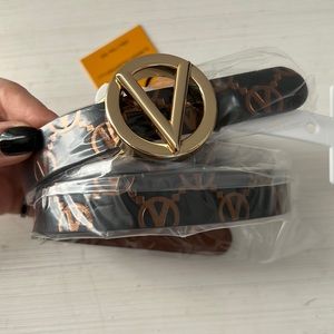 Valentino Black Belt with Copper Logo and Gold V Buckle